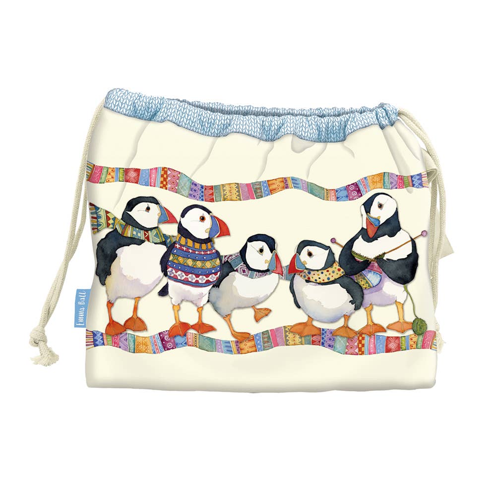 Knitting Puffins Drawstring Bag