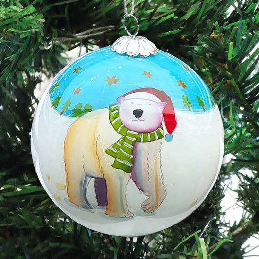 Polar Bear Hand-Painted Glass Bauble