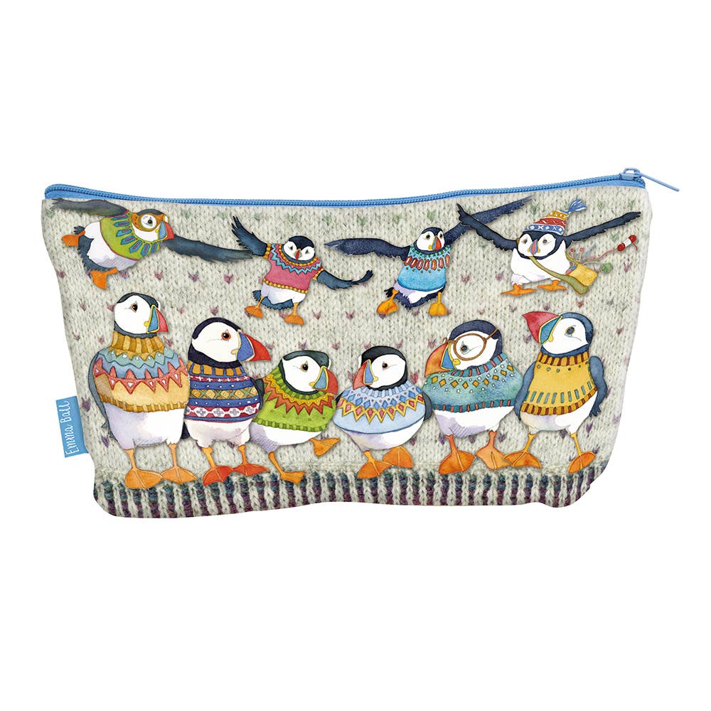 Woolly Puffins II, Zipped Pouch by Emma Ball