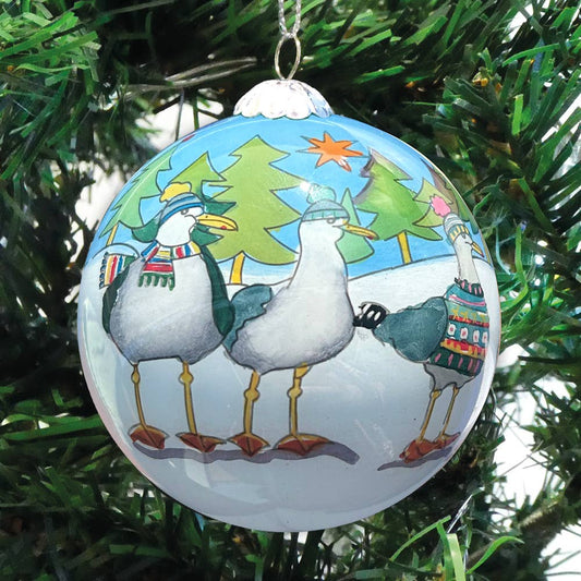 Seagulls in Beanies Hand-Painted Glass Bauble