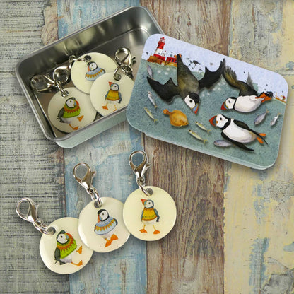 Diving Puffins Crochet Stitch Markers In A Pocket Tin by Emma Ball
