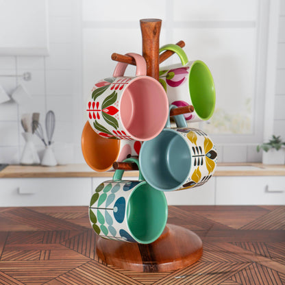 Blue Mid Century Modern Flower stapelbar mugg med matt yta