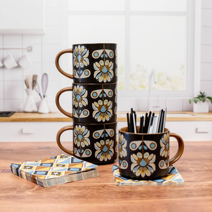 Black and Blue Petals Mid Century stapelbar mugg med matt yta